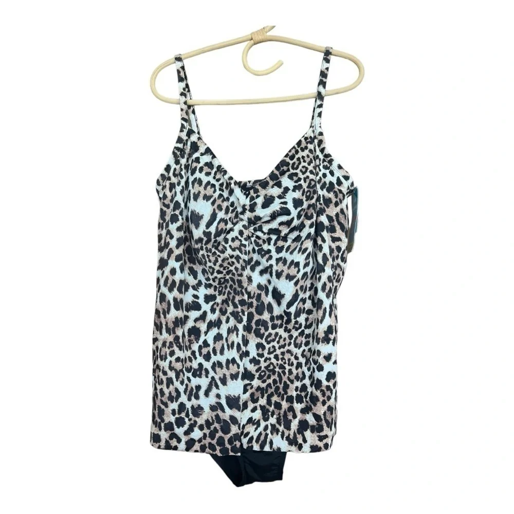 SWIM SOLUTIONS Fauxkini Leopard Knotted Flyaway One-Piece Swimsuit Plus 18W - Picture 2 of 16